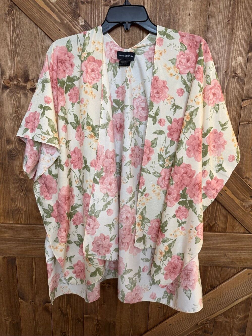 Jane & Berry One Size Floral Kimono Cardigan Ivory Pink Rose Print Boho Duster (